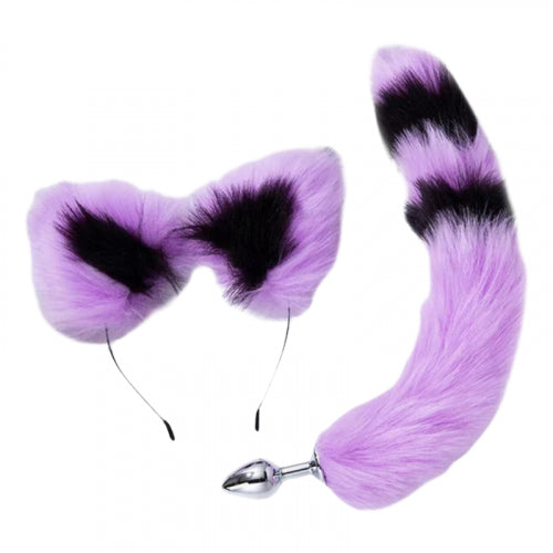 KIT PLUG ANAL TALLA S COLA ZORRO Y OREJAS MORADO NEGRO